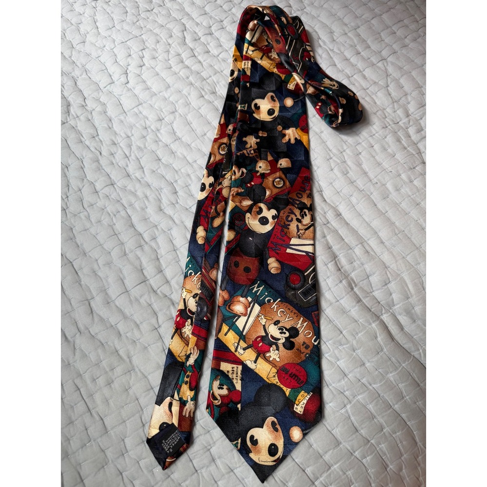 Disney Mickey Mouse Atlas Design Silk Novelty Tie Music Records 55" Vintage Styl
